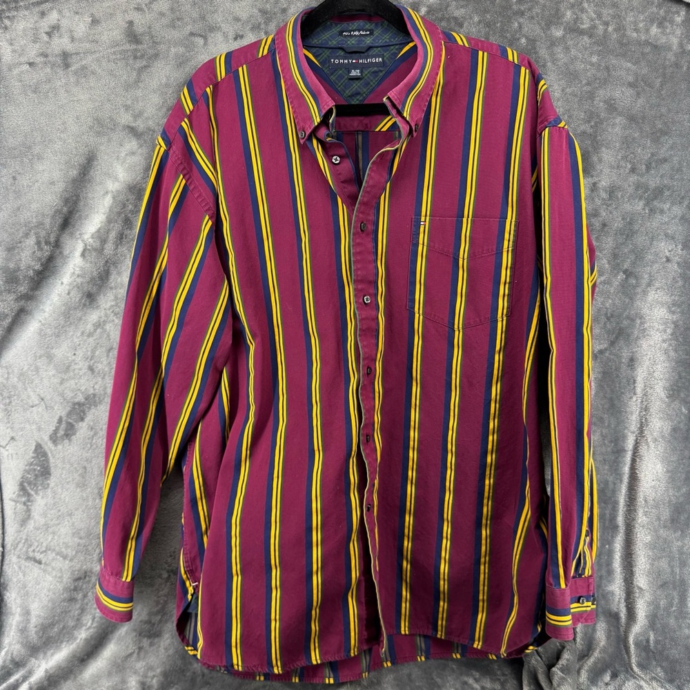 Tommy Hilfiger Vintage Burgundy Striped Button Down Long Sleeve Shirt Size XL